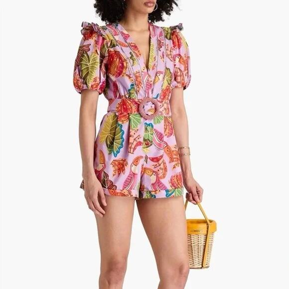 NWT FARM RIO Romper XS Purple Floral-Bird-Banana Ruffle Belted Crochet Trim